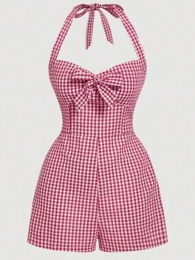SHEIN MOD Women's Cute Plaid Halter Tied Jumpsuit,Casual Summer Outfits red